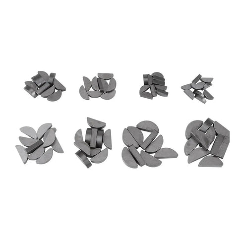 Top view of assorted carbon steel half-moon wedges from the Pro Grade Engine Key And Half Moon Wedge Set In Storage Box Carbon Steel Spring Wedges For Quick Reliable Drives In Workshop And Auto Repairs Durable Assortment For Pros And Handy DIYers.