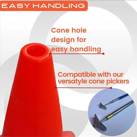 9 Inch Heavy Duty Agility Training Cones for Soccer Football Basketball and Sports Drills Set of 12 in Bright Orange High Visibility Durable PVC Built for Rugged Outdoor and Indoor Practice and Drills Drill Ready Gear with easy handling cone hole design shown with compatible cone pickers.