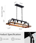 Height adjustable Dope Four Light Metal Pot Rack Chandelier With Faux Wood Grain Finish, Linear, E26 Base