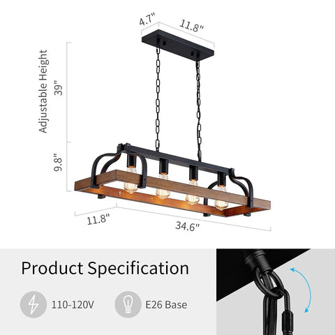 Height adjustable Dope Four Light Metal Pot Rack Chandelier With Faux Wood Grain Finish, Linear, E26 Base