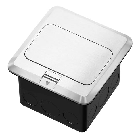 Close-up of Pop Up Floor Box Kit With Waterproof GFCI Outlet Cover and Hidden 20A Tamper Resistant Receptacle in Silver Finish