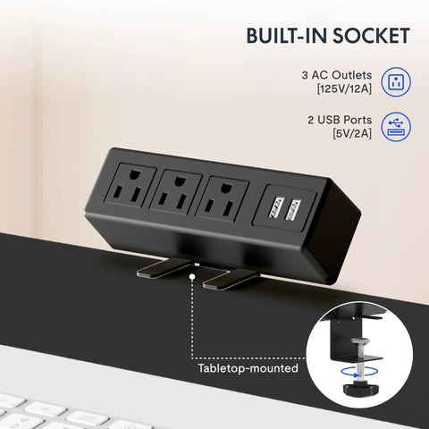 Close-up of clamp power strip with 3 outlets and 2 USB ports for En2 Standing Desk With Clamp Power Strip And Built-In USB Outlets, Electric Height Adjustable Sit-Stand Desk With Cable Management, 55 By 28 Inches, Black Frame And Top, Dope Two-Piece Setup For Easy Reconfiguration