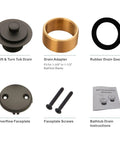Oil Rubbed Bronze Tub Drain Trim Kit With Lift And Turn Overflow Faceplate, components shown, solid brass and stainless steel