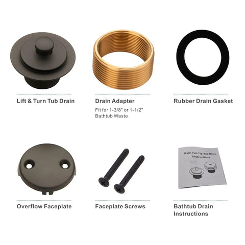 Oil Rubbed Bronze Tub Drain Trim Kit With Lift And Turn Overflow Faceplate, components shown, solid brass and stainless steel