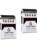 Two boxes of 24 Piece Premium Bamboo Golf Tees 83mm 3.25 Inches With Vintage Carry Case Funny Golf Accessory For Golfers Awesome Gift For Men And Women Who Love The Game open to show white tees inside.
