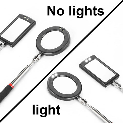Telescoping LED Inspection Mirror Set Of 4 With 2 Vehicle Mirrors And 2 Lighted Mirrors Extendable Rods Rectangle And Round Heads
