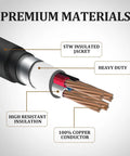 Close-up of heavy-duty 10 AWG copper conductor with labels for flame-resistant jacket on 30 Amp Dryer To 50 Amp EV Charger Adapter Cord