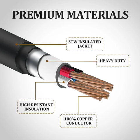 Close-up of heavy-duty 10 AWG copper conductor with labels for flame-resistant jacket on 30 Amp Dryer To 50 Amp EV Charger Adapter Cord