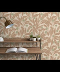 Make Walls Pop With This Badass Rustic Botanical Wallpaper Featuring A Chic Linen Texture And Matte Finish in a stylish interior setting.