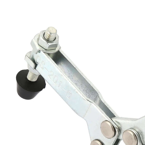 Close-up of Built Tough Carbon Steel Horizontal Toggle Clamp showing rust-proof joints and smooth operation components.