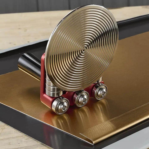 One Station Disc Bender for sheet metal on workbench, large disc, metal roofing tool for curved or straight bends, removable handle