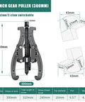 Heavy Duty 12 Inch Gear Puller Set With Tough Carbon Steel Jaws To Yank Stubborn Bearings Flywheels And Crank Pulleys Built Like A Tank No Nonsense Auto Shop Removal Tool Kit diagram with measurements and specifications.