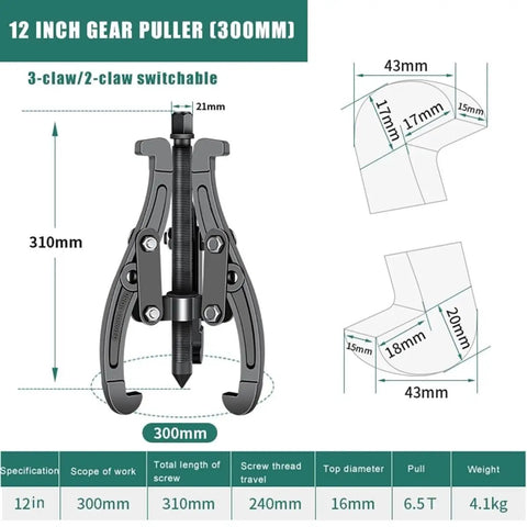 Heavy Duty 12 Inch Gear Puller Set With Tough Carbon Steel Jaws To Yank Stubborn Bearings Flywheels And Crank Pulleys Built Like A Tank No Nonsense Auto Shop Removal Tool Kit diagram with measurements and specifications.