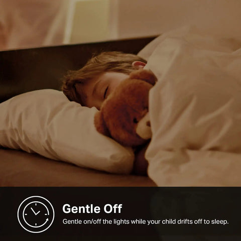 Child sleeping with teddy bear, showcasing Apple HomeKit Smart Dimmer Switch KS220P3 ambiance control at bedtime.