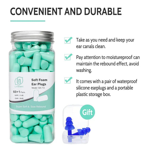 Ultra Soft Foam Ear Plugs For Sleep And Travel, 38dB Noise Reduction, 60 Pairs Value Pack, Skin Friendly Comfort jar and gift case