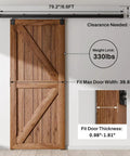 Rock Solid Heavy Duty Sliding Barn Door Track Box Rail Kit for Single Doors up to 330 Pounds 79.2 Inch with door width and thickness specs.