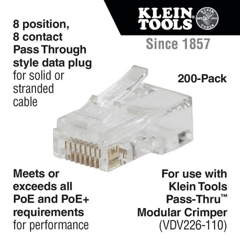Close-up of Pass Thru RJ45 CAT6 Data Plug Kit With Gold Plated Connectors Modular Pass Through Ethernet Plugs 200 Pack