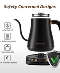 Gooseneck Electric Kettle 1L With Six Temperature Presets, 1200W Fast Heating, Auto Shut-Off, Keep-Warm, Stainless Steel Interior And Lid, Matte Black Finish For Pour Over Coffee And Tea displayed on a base with safety features highlighted.