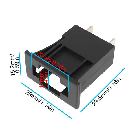 Pair Of Rock Solid Automotive Blade Fuse Holders For Surface Mount PCB And Flush Panel Install, dimensions shown, black plastic, for secure wiring.