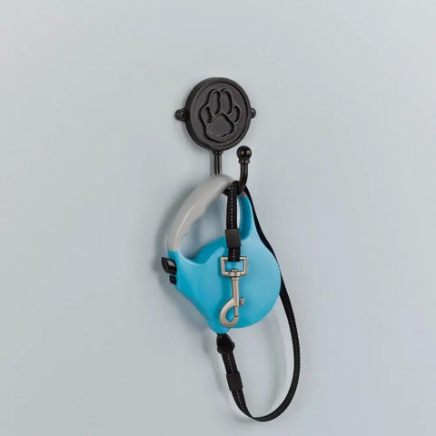 Paw Print 1 Prong Wall Hook Venetian Bronze Finish Dog Themed Wall Mount Hanger For Hanging Leash And Harness Super Handy For Small Spaces Decorative Organization Hook That Keeps Gear Neatly Off The Floor with blue leash