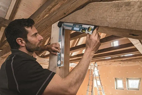 No Sweat Heavy Duty Digital Angle Finder Miter Calculator Protractor Level Memory Lock Illuminated in use by builder