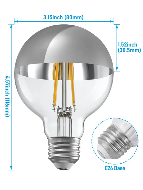 Dimmable Anti Glare G25 Globe LED Bulb Dope 7W 75W Eq E26 Silver Dipped Half Chrome Top, 3000K Warm White, dimensions shown