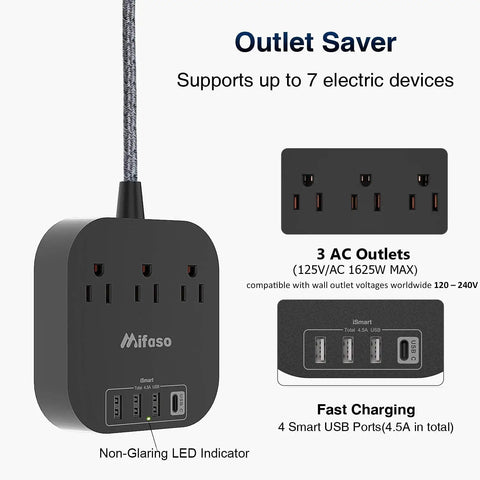 Power Strip With USB C And 3 Outlets, 4 USB Ports, 4.5A Flat Plug Desktop Charging Hub For Cruise Ship Travel Office And Home, No Surge Protector, 5ft Heavy Duty Braided Extension Cord, ETL Listed