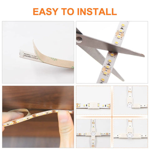 Dope Warm White LED Strip Lights 120 LEDs Per Meter, 1000 Lumens shown easy to cut and install for under cabinet use