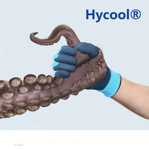 Hand wearing Waterproof Work Gloves With Hycool Grip Fully Dipped Latex For Dry Hands holding an octopus tentacle