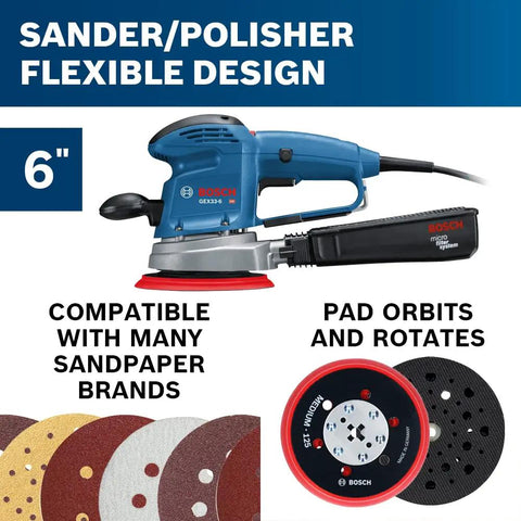 GEX33-6N 6 Inch Multi-Hole Random Orbit Sander And Polisher with flexible pad and sandpaper compatibility