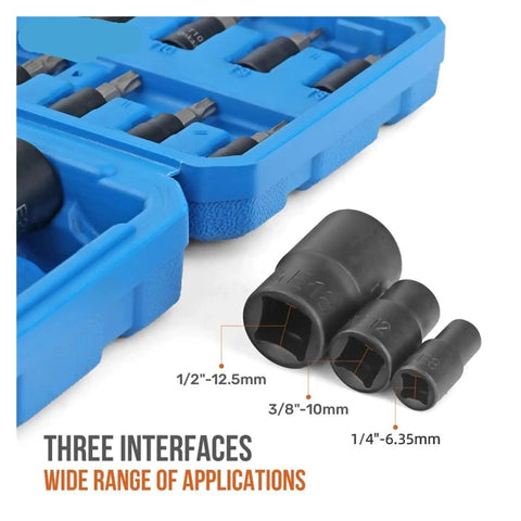 Complete Torx Impact Socket Set For Mechanics With Swivel Heads And Heavy Duty Build, Tough Rusted Bolt Removal Kit For Garage Repairs That Works A Treat. Three-interface sockets 1/4, 3/8 and 1/2 inch in blue case