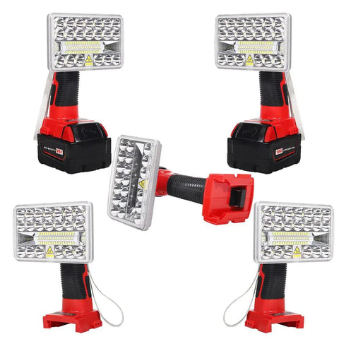Milwaukee M18 Compatible Cordless LED Work Light Flashlight, 18W 2000 Lumen Spotlight, 110° Pivot, Red, Various Angles