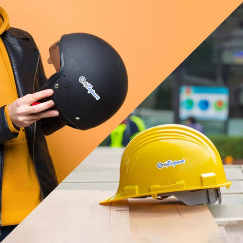 Black and yellow helmets with Engineers Sticker Pack 3 Pcs for Laptop Water Bottle Car Helmet Skateboard Guitar and More Geeky Tech Humor Improvise Theme A Perfect Mechanical Engineer Gift For Nerds Makers And Tech Geeks decals.
