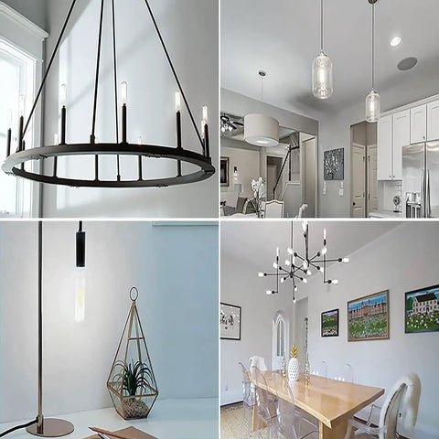 Modern lighting with 6W Dimmable LED Tubular Bulb 60W Equivalent Daylight 4000K in kitchen and dining room displays.