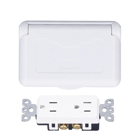 Badass Weatherproof Outlet With Cover 15 Amp 125 Volt Outdoor Electrical Receptacle showing a white housing and gold terminals.
