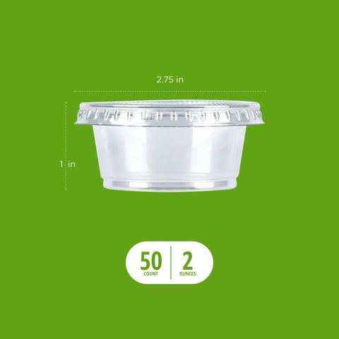 No Fuss Grab And Go Disposable Plastic To Go Cup Set With Tight Snap Lids Mini Two Ounce Fifty Pack Bpa Free Spill Proof Sauce Condiment And Jello Shot Containers For Tailgates
