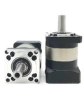 Badass Nema 23 Planetary Gearbox, Rock Solid 15 To One Step Down Speed Reducer, two motor gearboxes with silver and black finish.