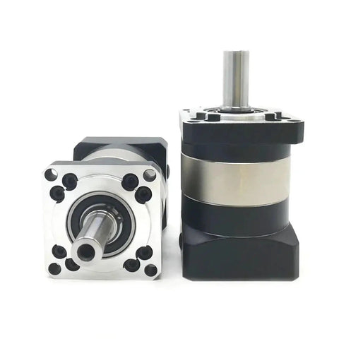 Badass Nema 23 Planetary Gearbox, Rock Solid 15 To One Step Down Speed Reducer, two motor gearboxes with silver and black finish.