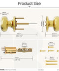 Product size dimensions and components for a brass door knob set with lock, including screws and latches on a white background.