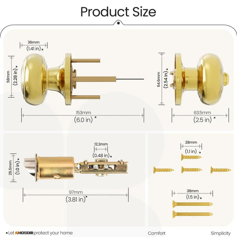 Product size dimensions and components for a brass door knob set with lock, including screws and latches on a white background.