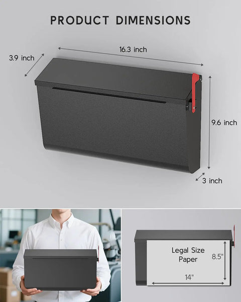 Dimensions of Heavy Duty Wall Mount Mailbox With Flag For Outdoor Use, Galvanized Steel Weatherproof Rustproof Post Box, Black