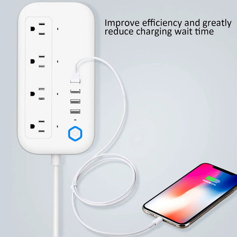 Heavy Duty Smart Surge Protector Power Strip With Four Usb Ports For Fast Phone Charging and Ultra Tidy Home Office Outlet Organization Heavy Hitter Setup with smartphone charging.