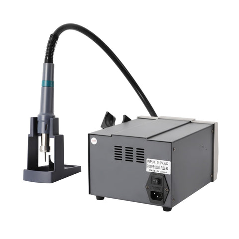 Powerful 1000W Digital Hot Air Rework Station With LCD Display, precise temperature control, showing nozzles and handle in holder.