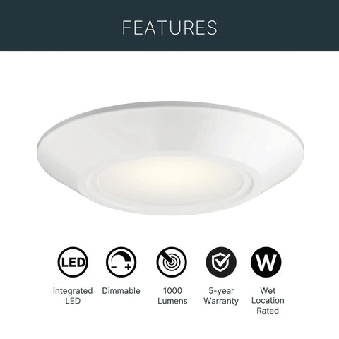 6.4 Inch Led Flush Mount Ceiling Light White Finish Delivers 1000 Lumens with dimmable feature and wet location rating.