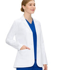 Woman wearing women lab coat with three pockets hip length long sleeve white pro grade coat for medical pros lightweight breathable