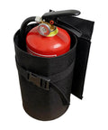 Heavy Duty Fire Extinguisher Storage Bag For Tesla Cybertruck Trunk Organizer, black fabric holding red extinguisher with buckle.