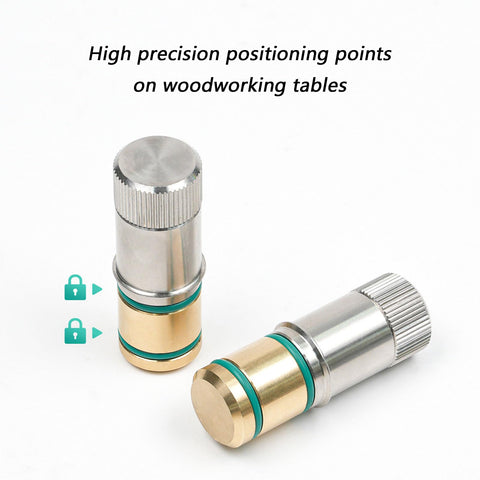 Pair Of Stainless Steel Table Positioning Pins For Woodworking Workbench Clamps Quick Lock Expansion Pins For Stable Stool Dogs Tool Free Setup For Fast Configurations, showing silver and brass accents