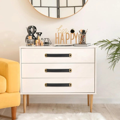 White dresser with two pack black leather drawer handles with mounting screws for cabinets, modern pulls for home decor