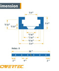 Diagram showing dimensions of Double Cut Universal T Track Set For Workshop Jigs And Router Tables Four 36 Inch Sections With EZ Mount Predrilled Holes Includes Ten T Track Knobs And Quarter Inch Hex Bolts And Washers Heavy Duty Versatile For Pro Grades And DIY Projects.