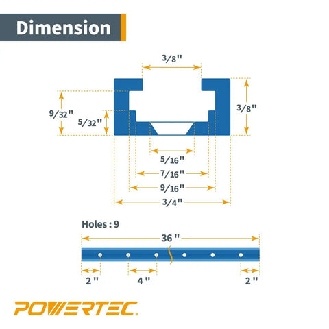 Diagram showing dimensions of Double Cut Universal T Track Set For Workshop Jigs And Router Tables Four 36 Inch Sections With EZ Mount Predrilled Holes Includes Ten T Track Knobs And Quarter Inch Hex Bolts And Washers Heavy Duty Versatile For Pro Grades And DIY Projects.